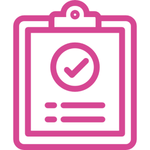 Pink icon of a clipboard with a checkmark and lines, indicating a completed task or checklist.