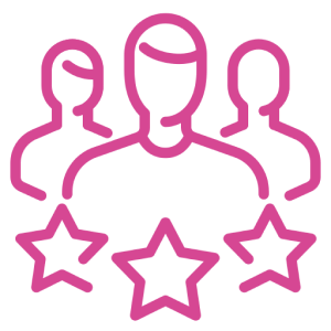 Three outlined figures with three stars below them, depicted in pink.